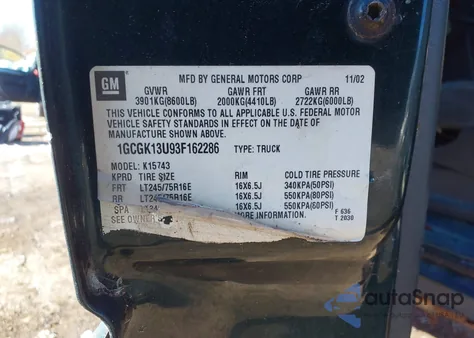 2003 Chevrolet Silverado 1500Hd Ls z USA, uszkodzony, nr VIN 1GCGK13U93F162286